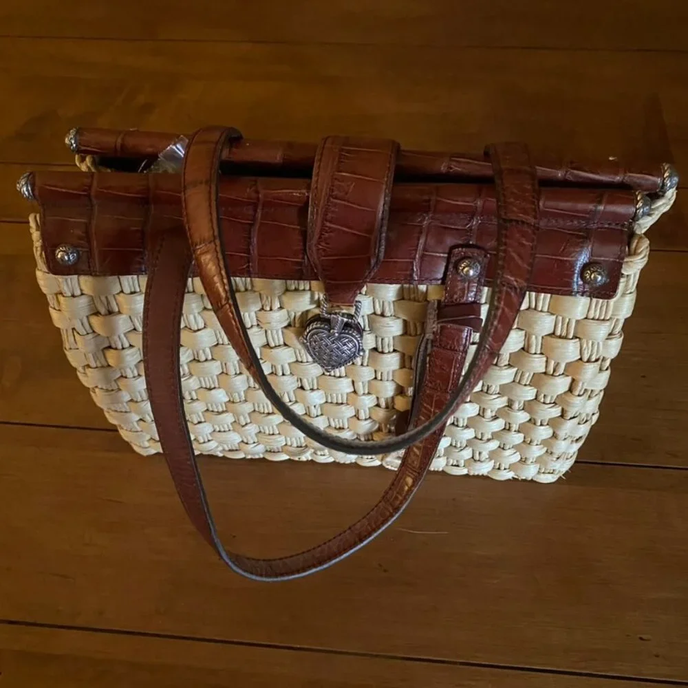 Authentic Brighton Ruth Woven Straw Satchel Bag with leather trim and handles - Picture 7 of 15